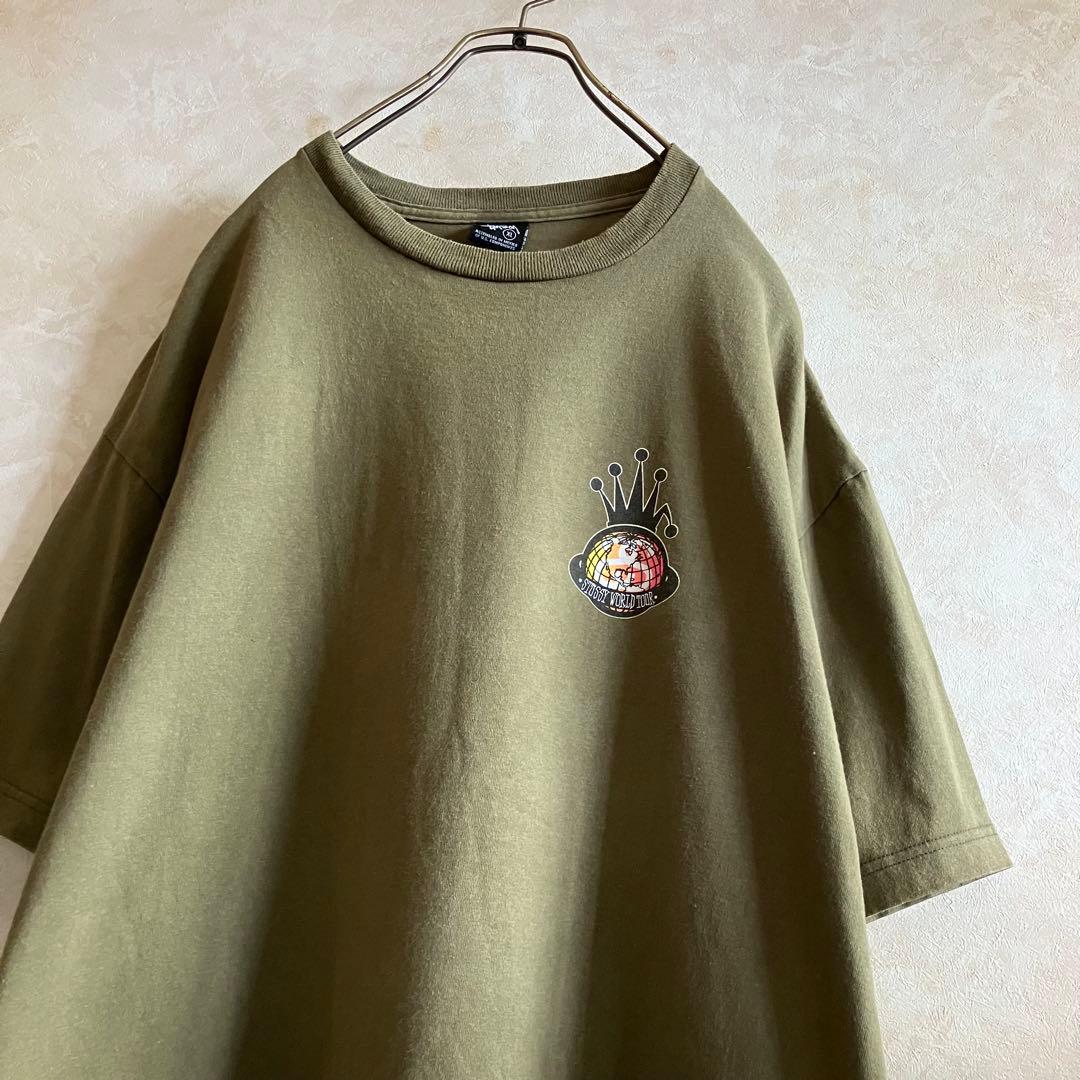 00's オールドステューシー 折れクラウン ワールドツアーtシャツ カーキXL