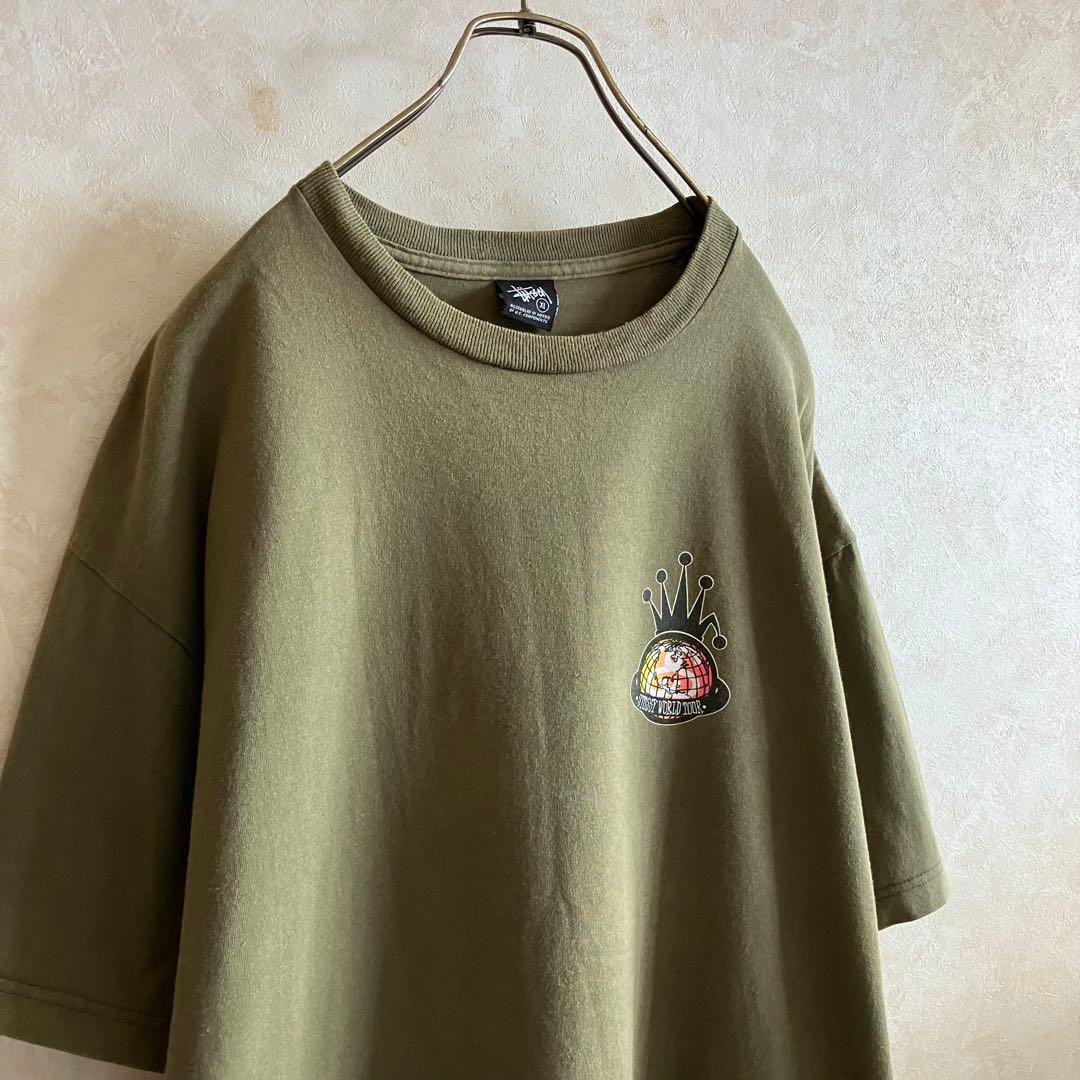 00's オールドステューシー 折れクラウン ワールドツアーtシャツ カーキXL