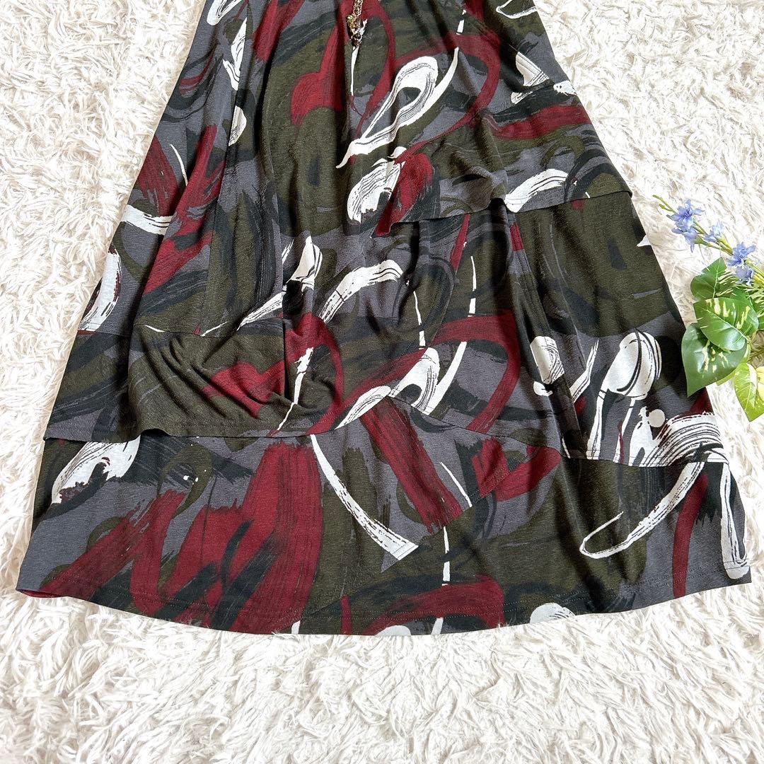 美品⁂センソユニコ⁂ロングワンピース　総柄　フリル　モックネック　アート柄　L