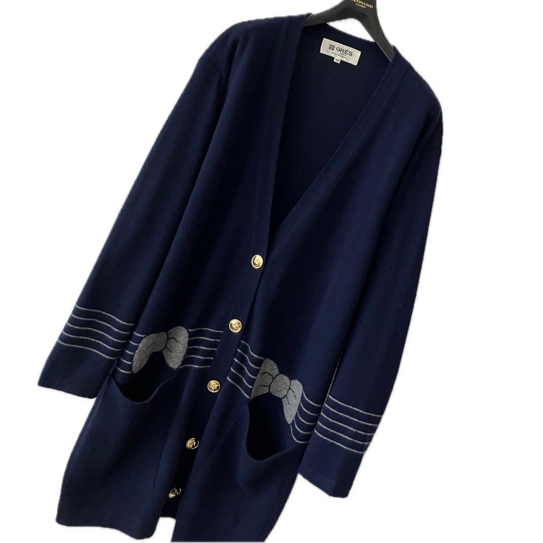 良品 GRES グレ カシミヤ 100% ロングカーディガン 金ボタン ニット