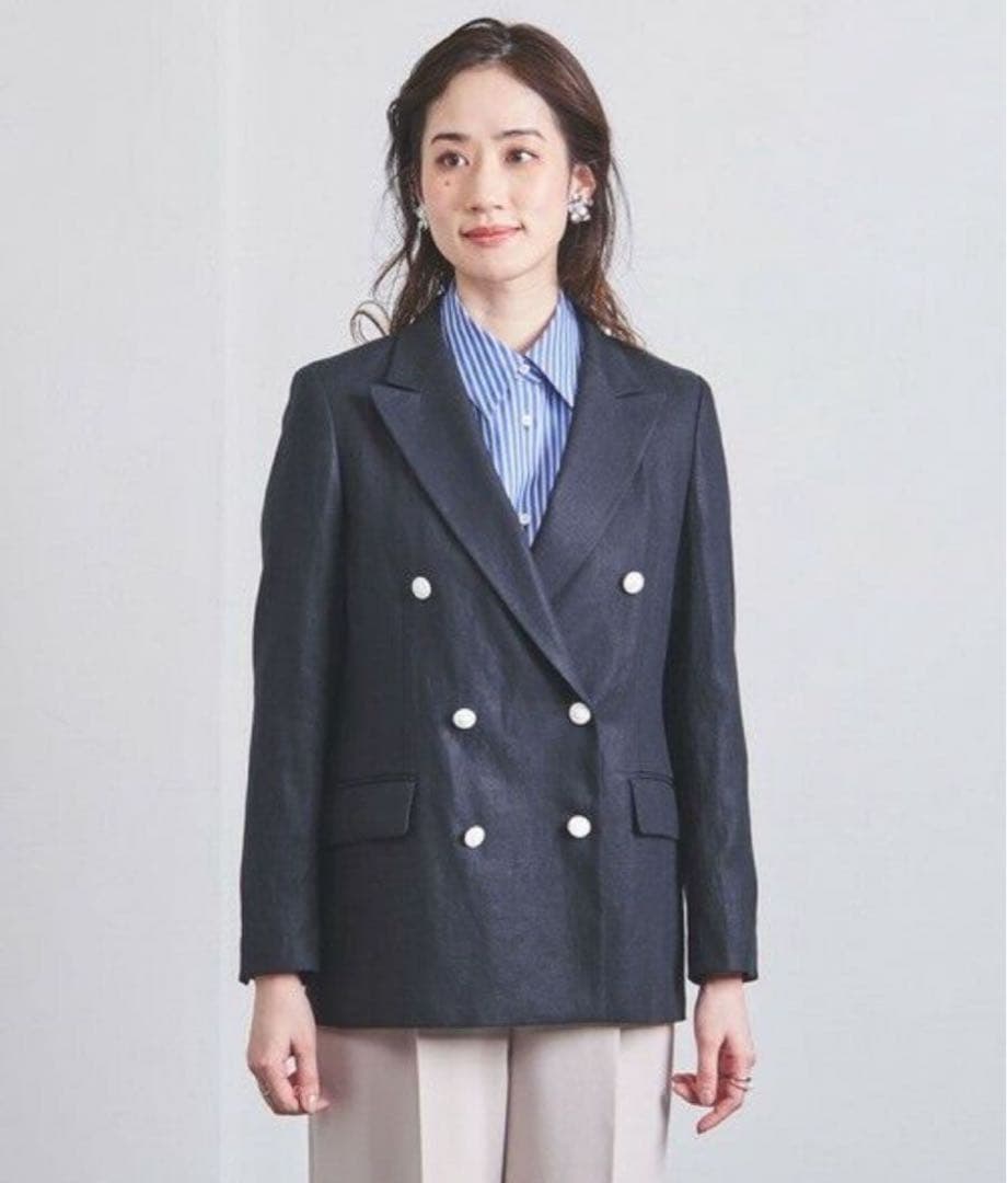 美品 ユナイテッドアローズ リネン100％ ダブルジャケット ダークネイビー