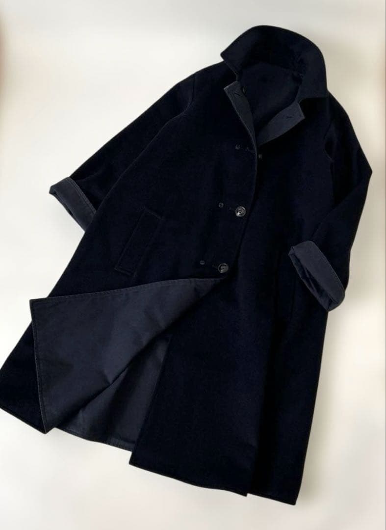 BEARDSLEY リバーシブルコート　ロング　ネイビー　Aライン　ウール　綿