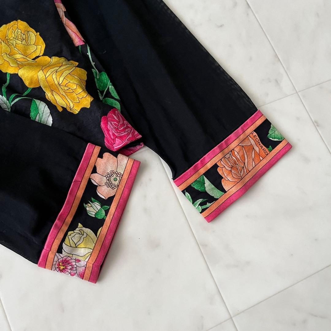 美品♡レオナール 金ボタン カーディガン 袖シースルー 花柄 トリム M