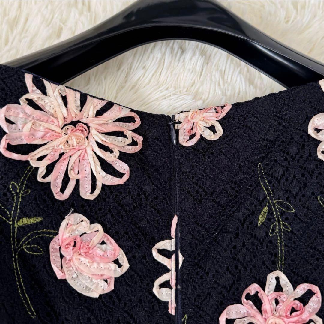 トッカ DIAMOND LILY ドレス 6 リボン刺繍 レース 花柄 ネイビー