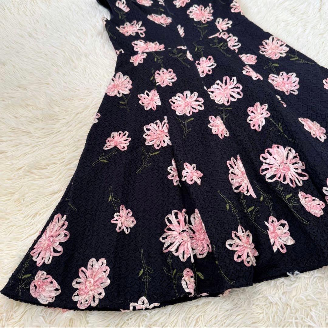 トッカ DIAMOND LILY ドレス 6 リボン刺繍 レース 花柄 ネイビー