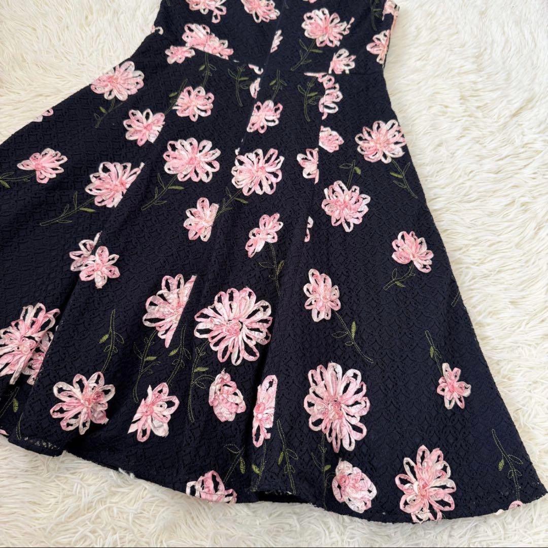 トッカ DIAMOND LILY ドレス 6 リボン刺繍 レース 花柄 ネイビー