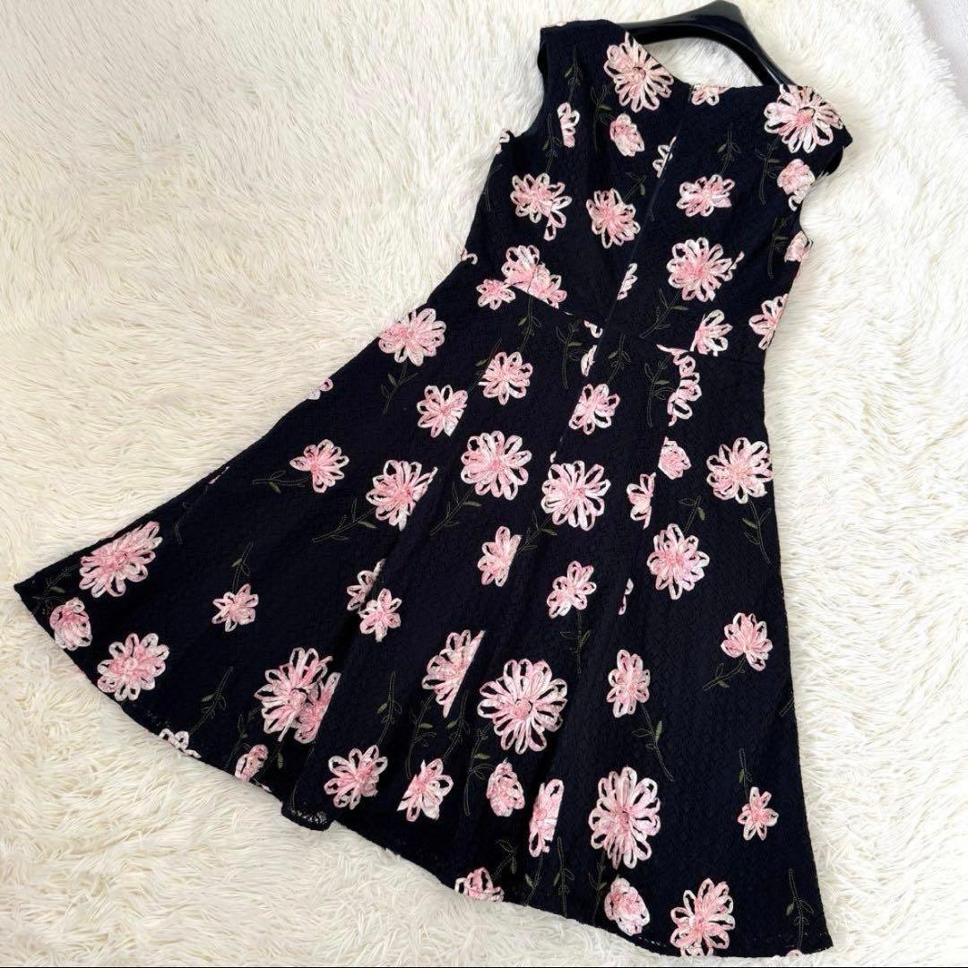 トッカ DIAMOND LILY ドレス 6 リボン刺繍 レース 花柄 ネイビー