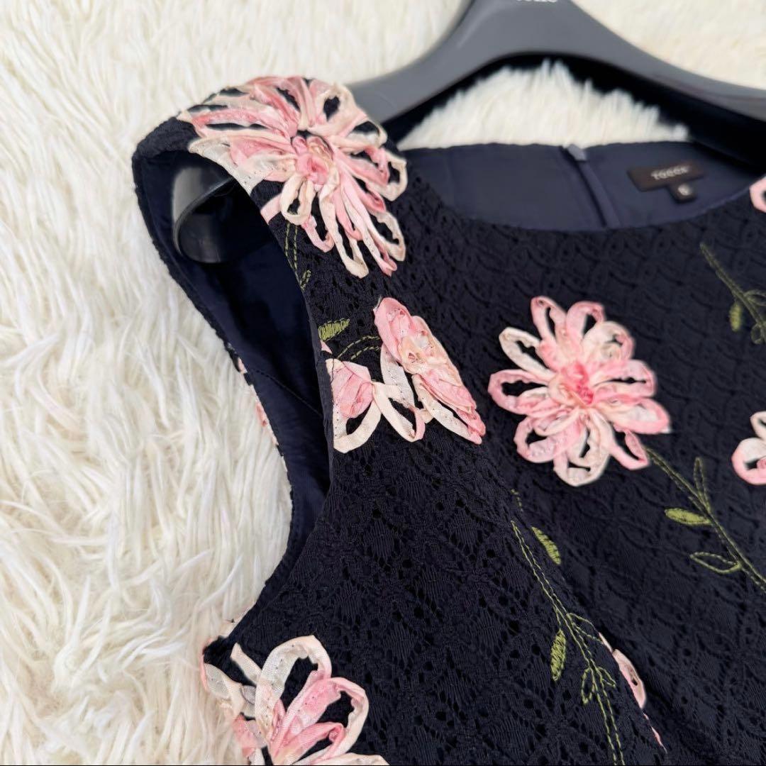 トッカ DIAMOND LILY ドレス 6 リボン刺繍 レース 花柄 ネイビー