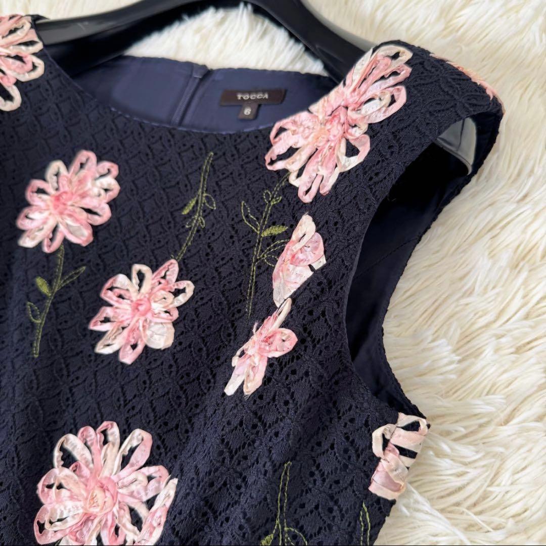 トッカ DIAMOND LILY ドレス 6 リボン刺繍 レース 花柄 ネイビー