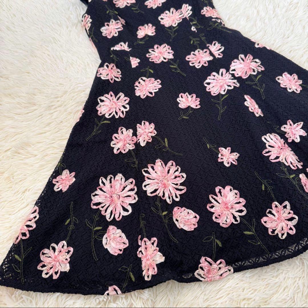 トッカ DIAMOND LILY ドレス 6 リボン刺繍 レース 花柄 ネイビー