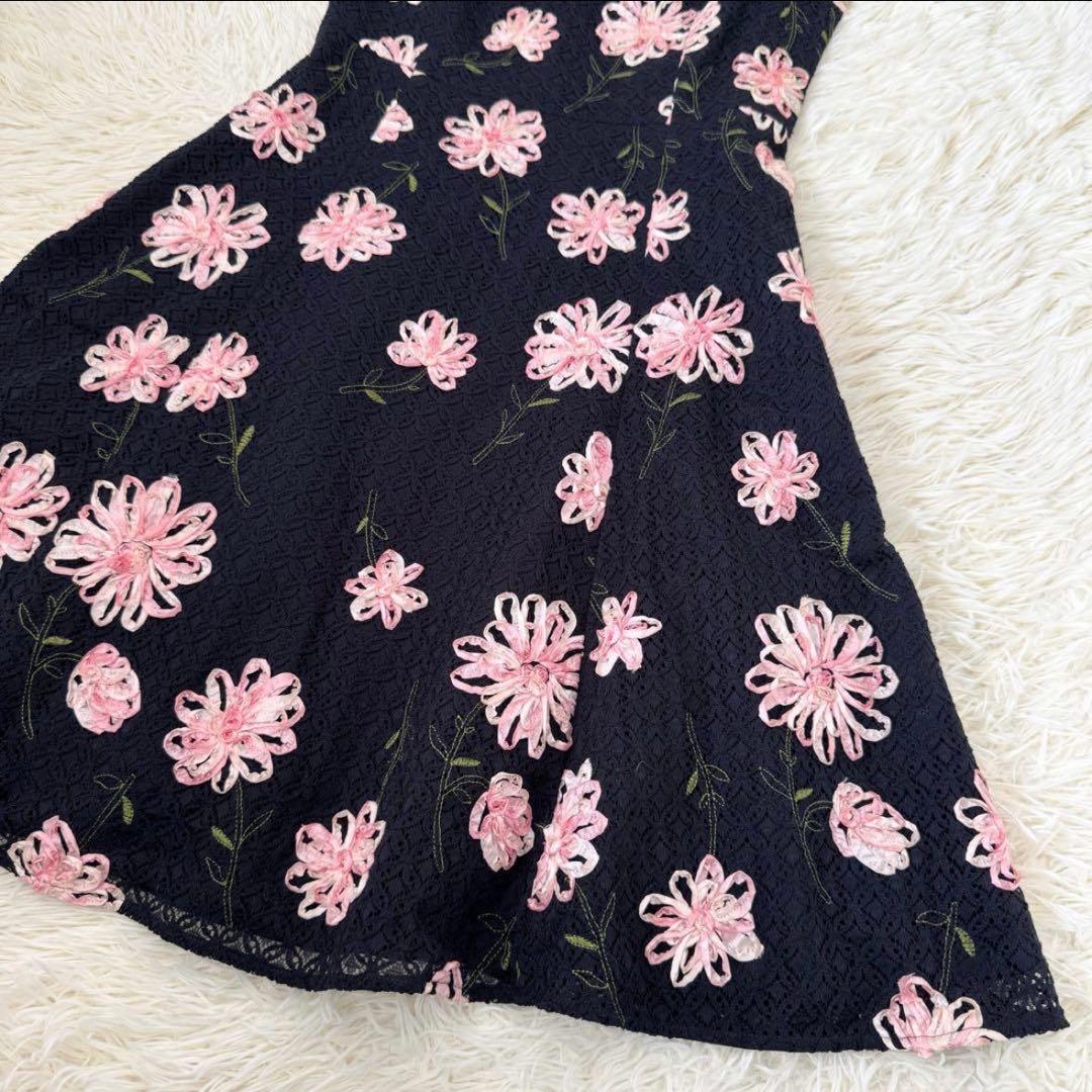 トッカ DIAMOND LILY ドレス 6 リボン刺繍 レース 花柄 ネイビー