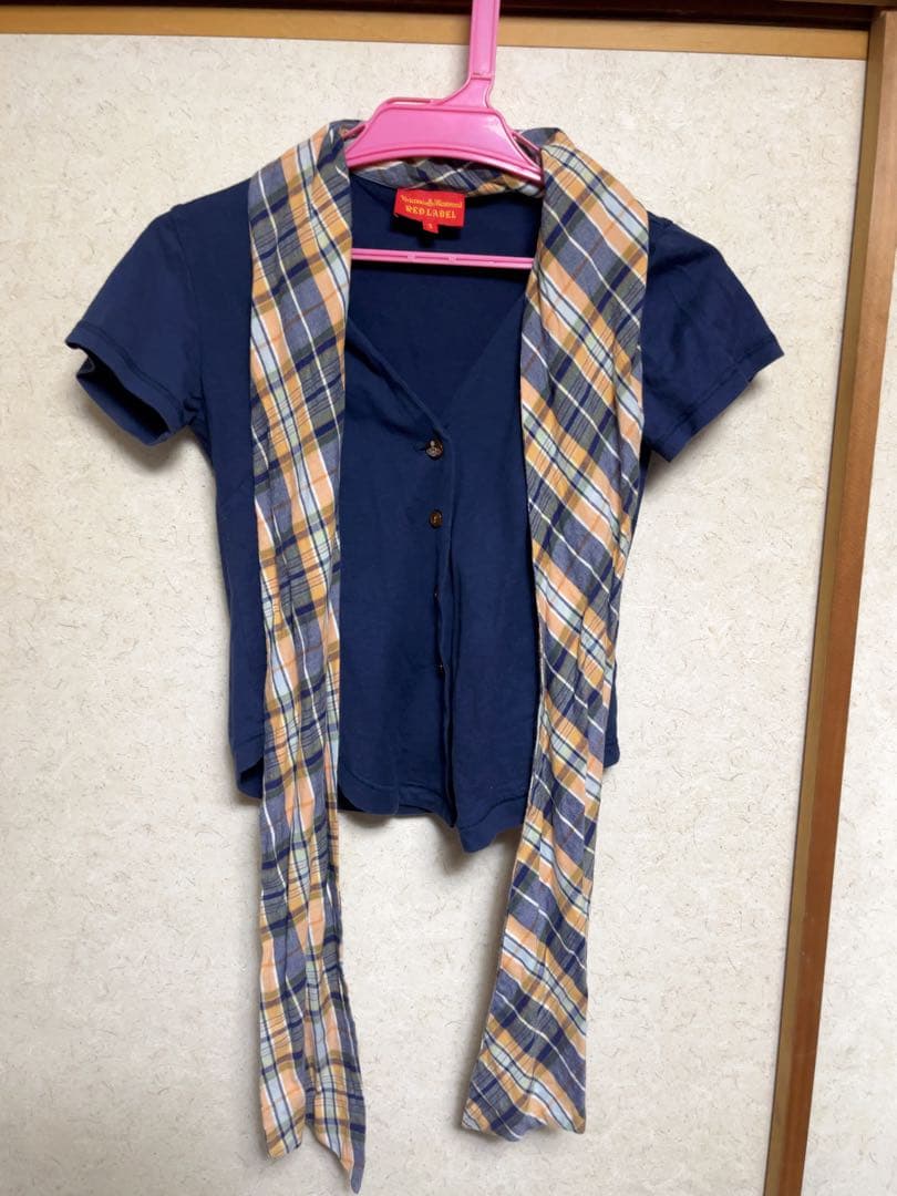Vivienne Westwoodネイビー チェック柄リボン付きカットソー