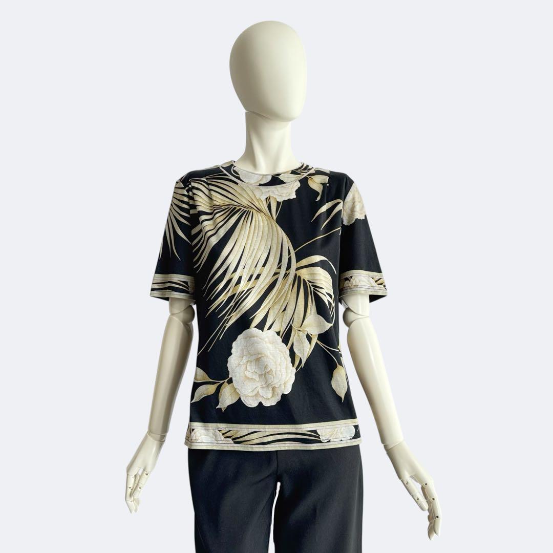 LEONARD レオナール カットソー Tシャツ 半袖 ブラック 花柄 綿 黒色