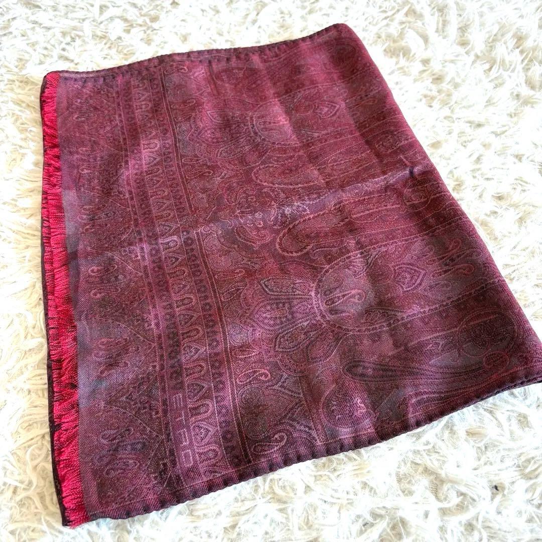 【美品】ETRO エトロ ストール ペイズリー柄 ボルドー ウールシルク混タグ有