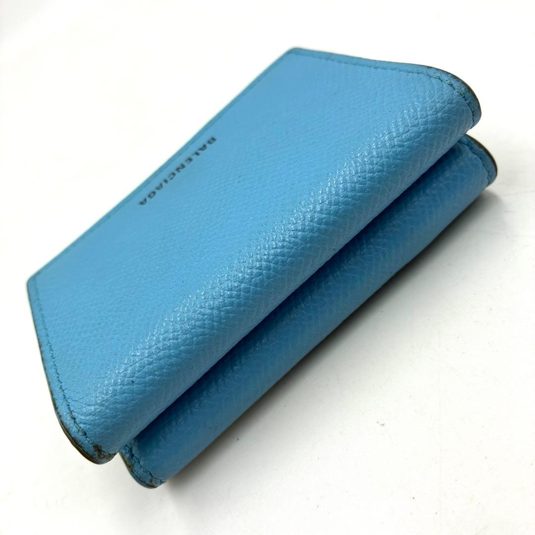 希少色 美品 バレンシアガ 三つ折り財布 コンパクト ロゴ レザー ブルー系
