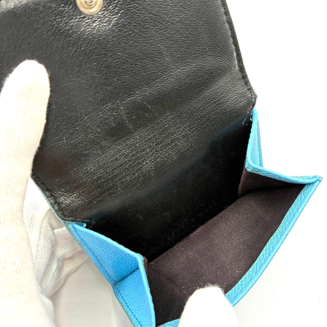 希少色 美品 バレンシアガ 三つ折り財布 コンパクト ロゴ レザー ブルー系