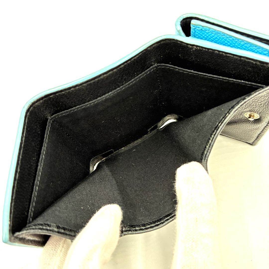 希少色 美品 バレンシアガ 三つ折り財布 コンパクト ロゴ レザー ブルー系