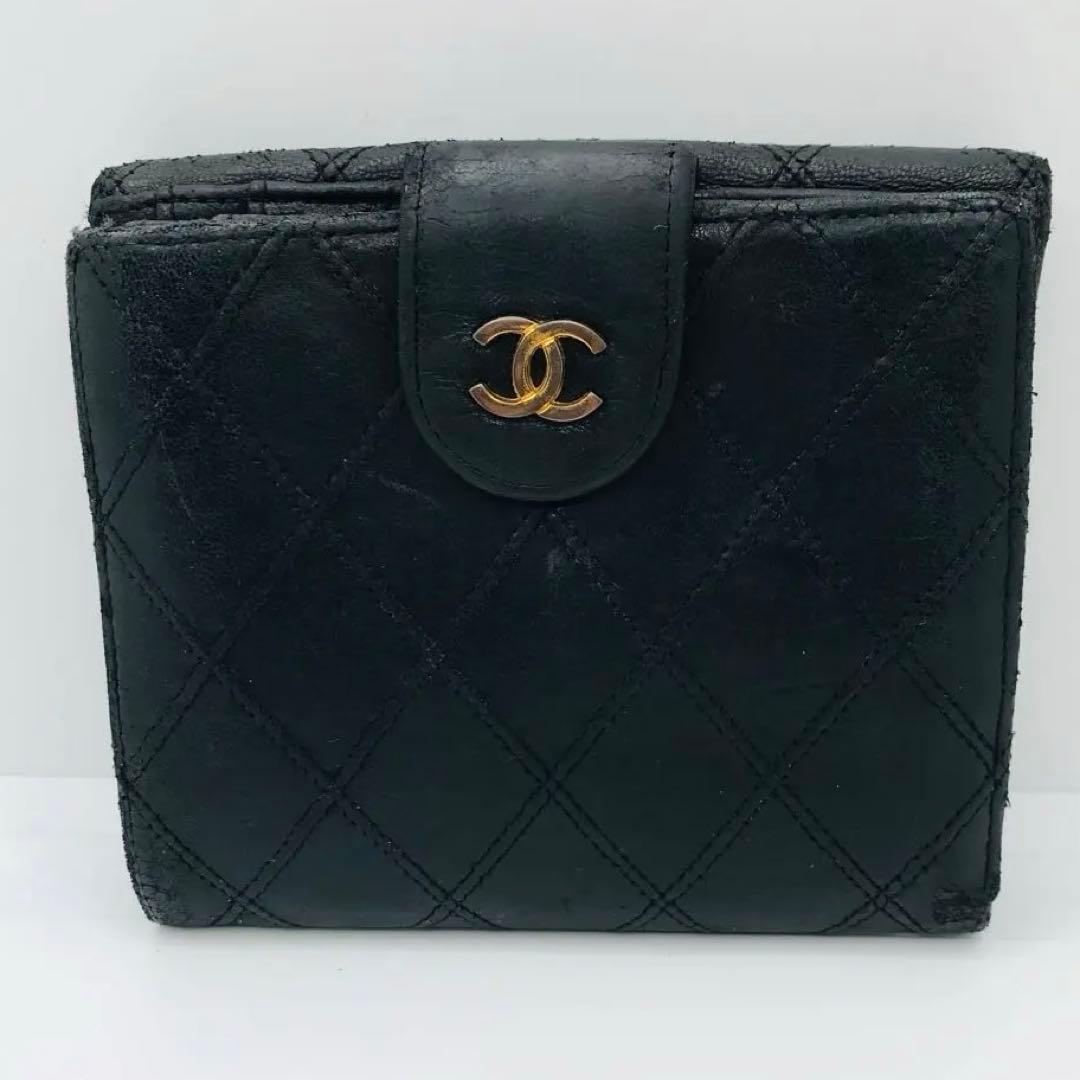 CHANEL✨ ココマーク キルティング 黒 ブラック 二つ折り財布 ロゴ金具