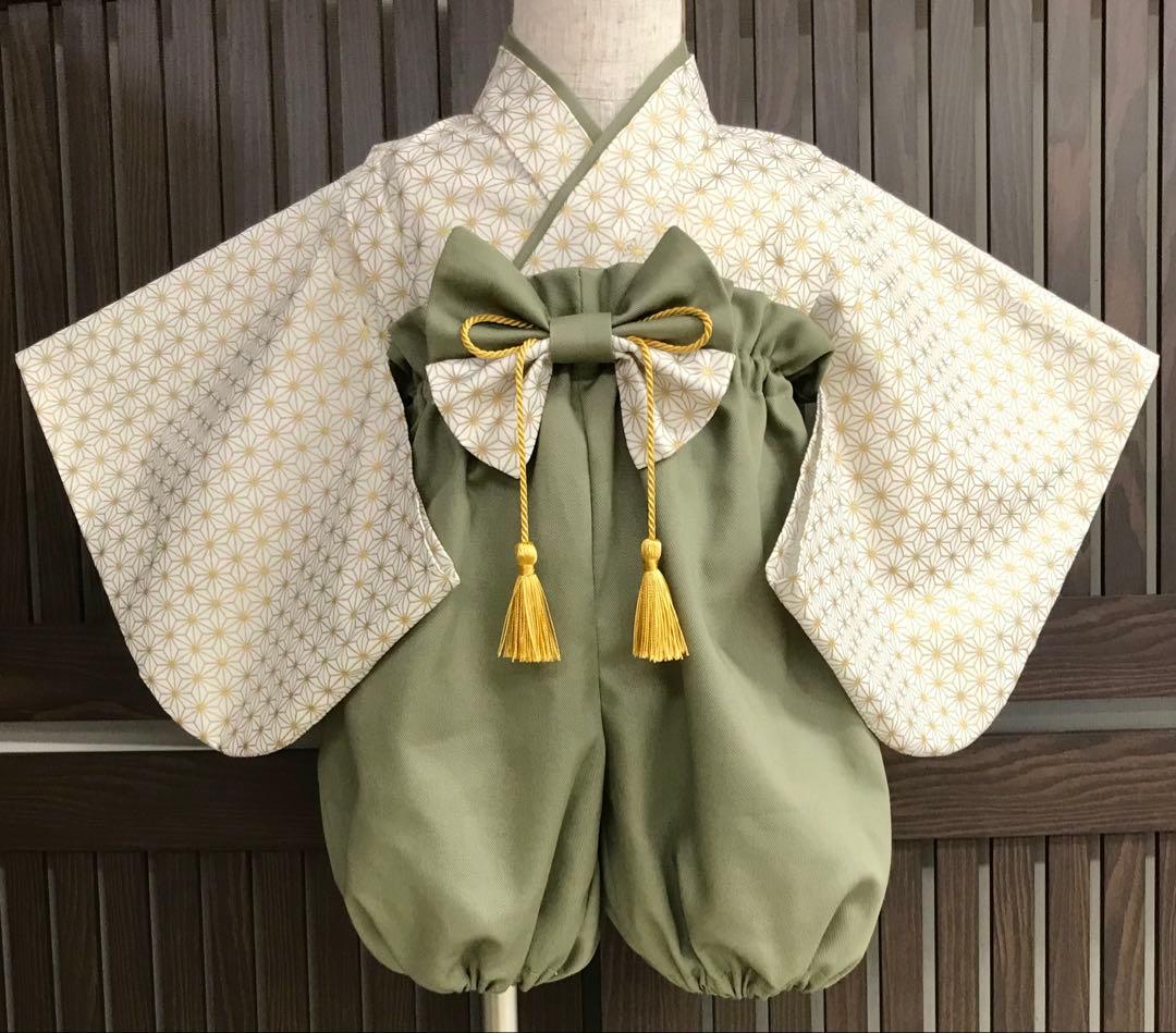 ベビー袴ハンドメイド　金麻の葉柄×オリーブグリーン お食い初め　百日祝い