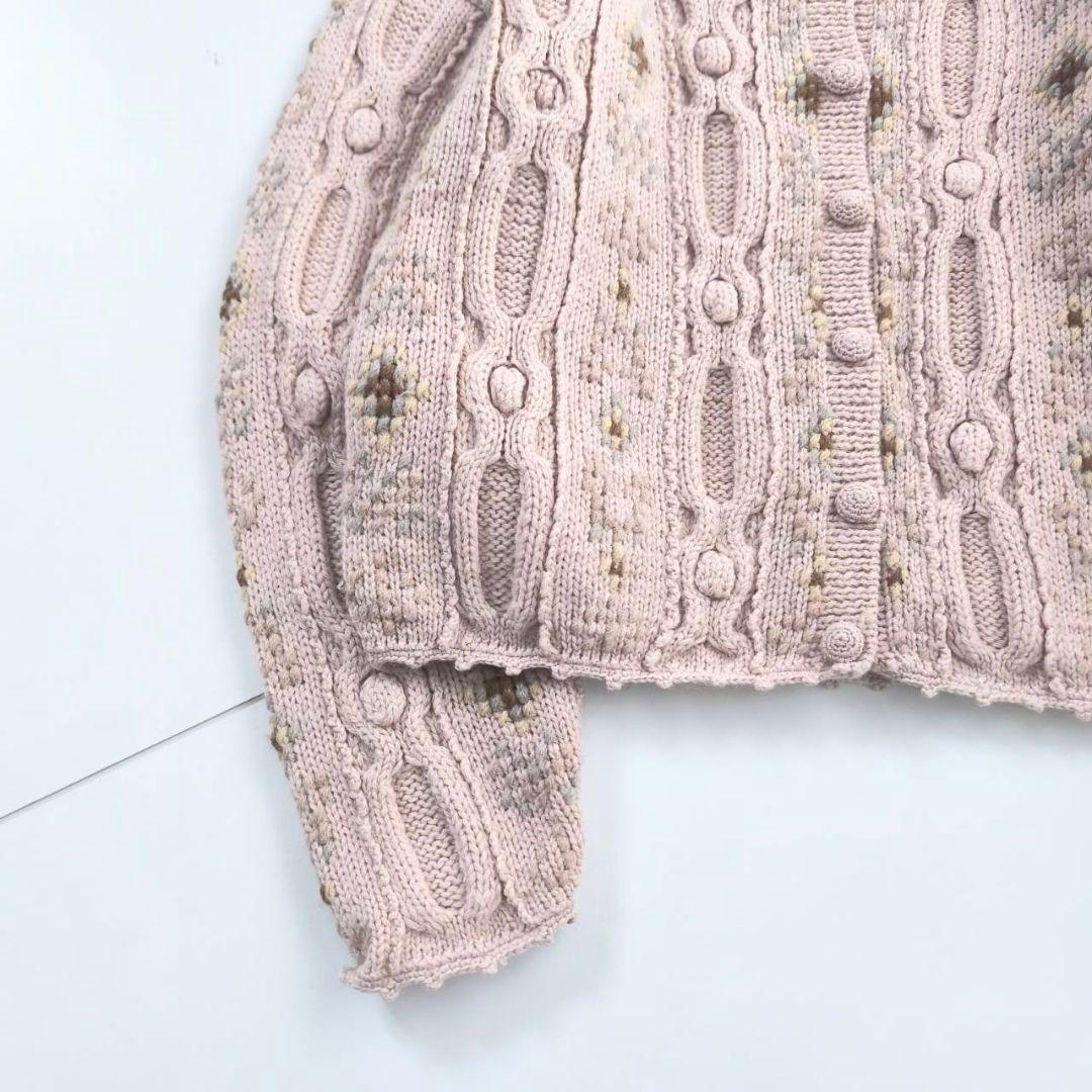 ハンドニット ウール100% 刺繍アランカーディガン ベビーピンク C21