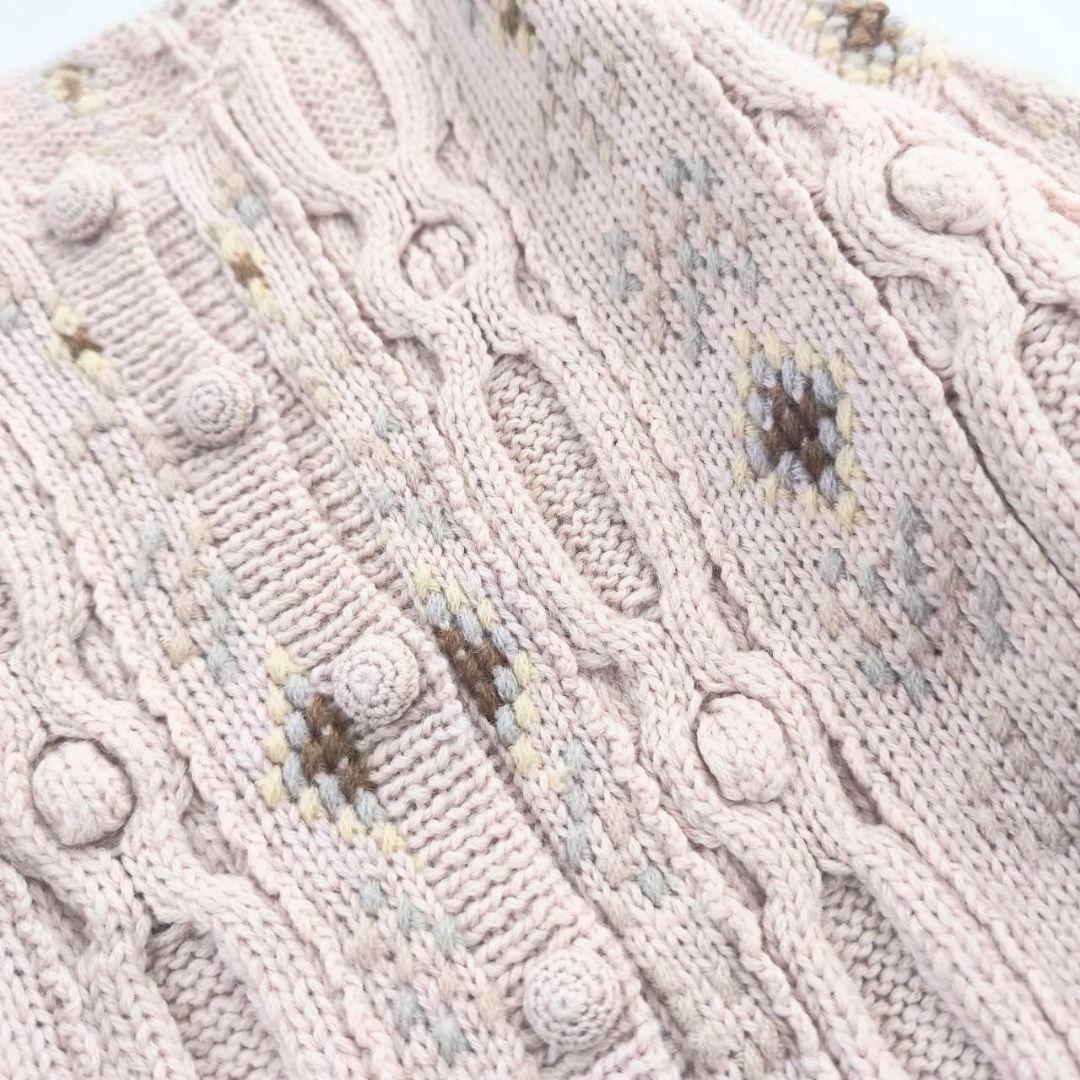 ハンドニット ウール100% 刺繍アランカーディガン ベビーピンク C21