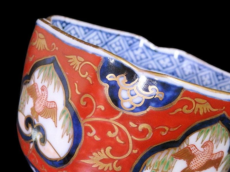 大聖寺伊万里　金襴手　窓絵　竹笹に雀　金唐草の図　向付　031AS-fbtu