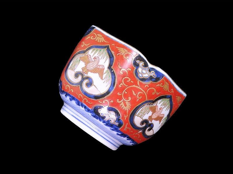 大聖寺伊万里　金襴手　窓絵　竹笹に雀　金唐草の図　向付　031AS-fbtu