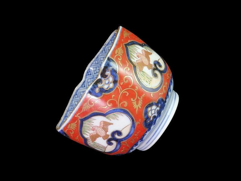 大聖寺伊万里　金襴手　窓絵　竹笹に雀　金唐草の図　向付　031AS-fbtu