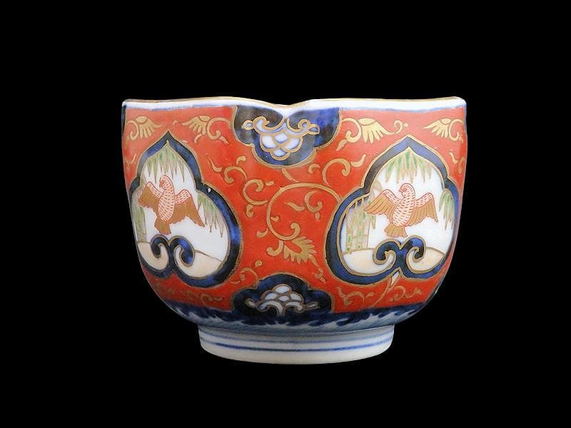 大聖寺伊万里　金襴手　窓絵　竹笹に雀　金唐草の図　向付　031AS-fbtu