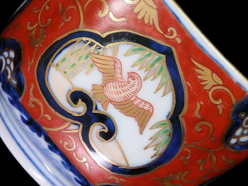 大聖寺伊万里　金襴手　窓絵　竹笹に雀　金唐草の図　向付　031AS-fbtu
