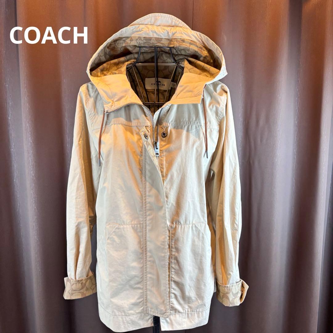 ★COACH★M★ベージュフード付きコート★ フード裏袖口裏前中心裏C柄素敵★