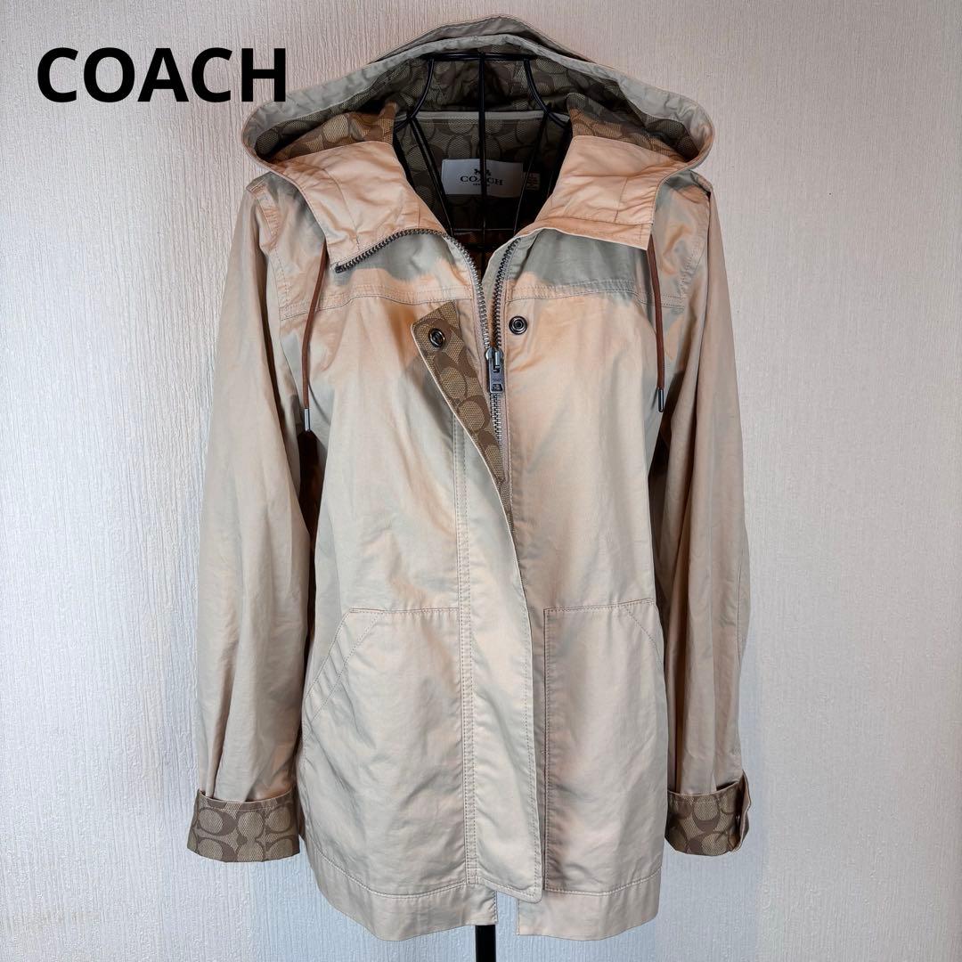 ★COACH★M★ベージュフード付きコート★ フード裏袖口裏前中心裏C柄素敵★