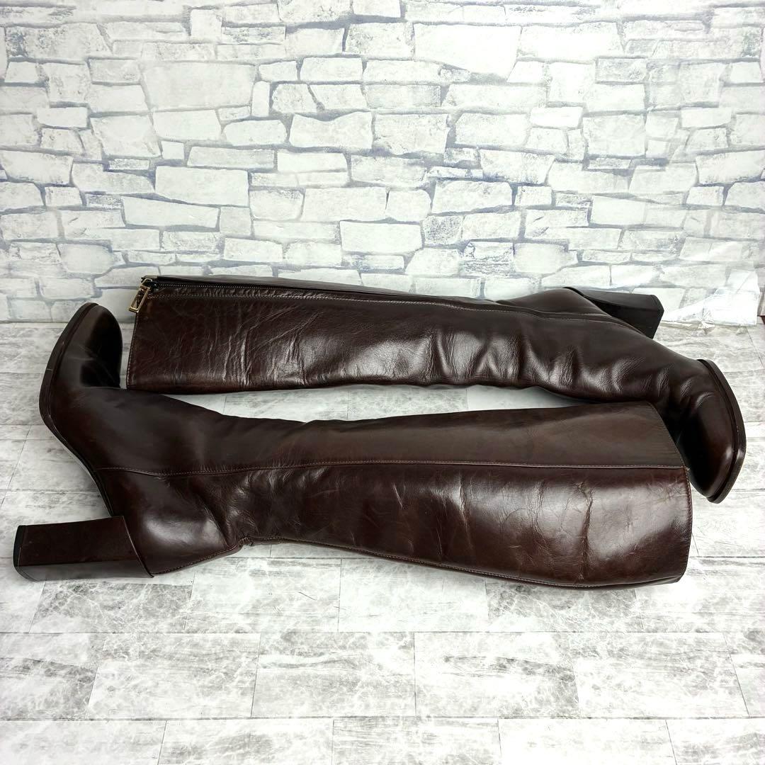 グッチ ロングブーツ サイドジップ スクエアトゥ ブラウン 約24.5~25cm