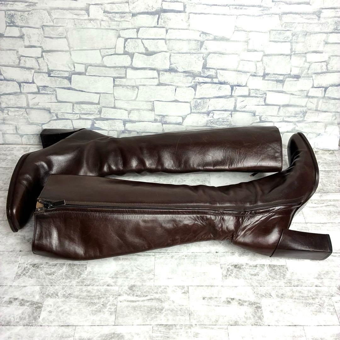 グッチ ロングブーツ サイドジップ スクエアトゥ ブラウン 約24.5~25cm
