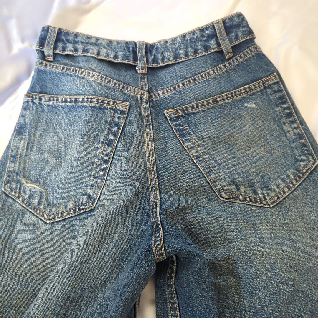 ザラ ZARA TRF折り返しウエストミッドライズデニムパンツ ダメージ XS