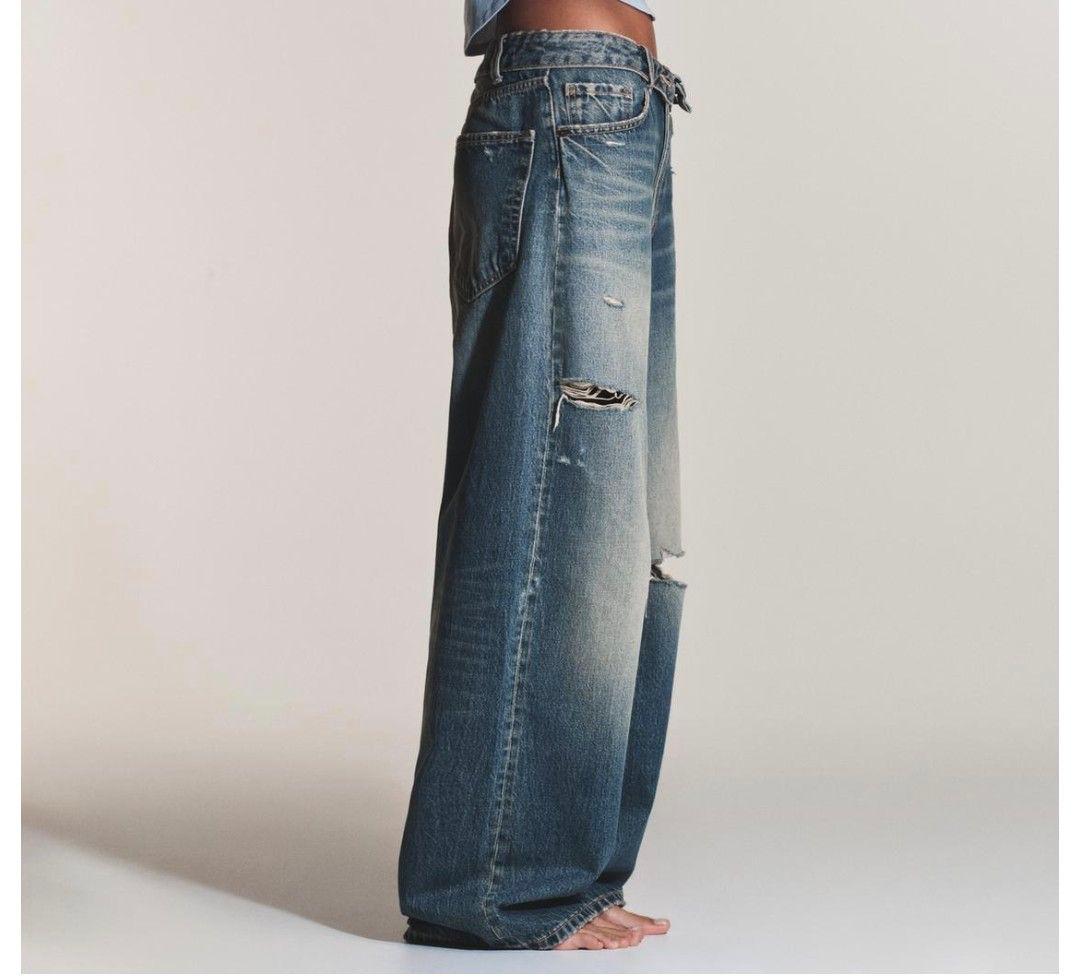 ザラ ZARA TRF折り返しウエストミッドライズデニムパンツ ダメージ XS