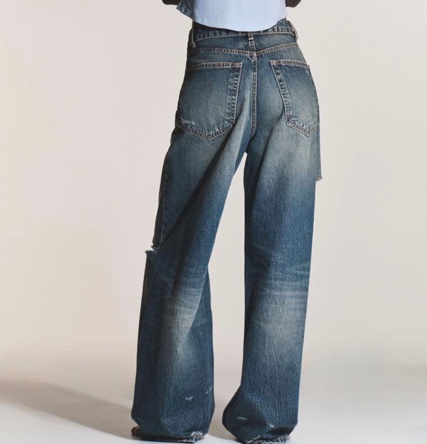 ザラ ZARA TRF折り返しウエストミッドライズデニムパンツ ダメージ XS