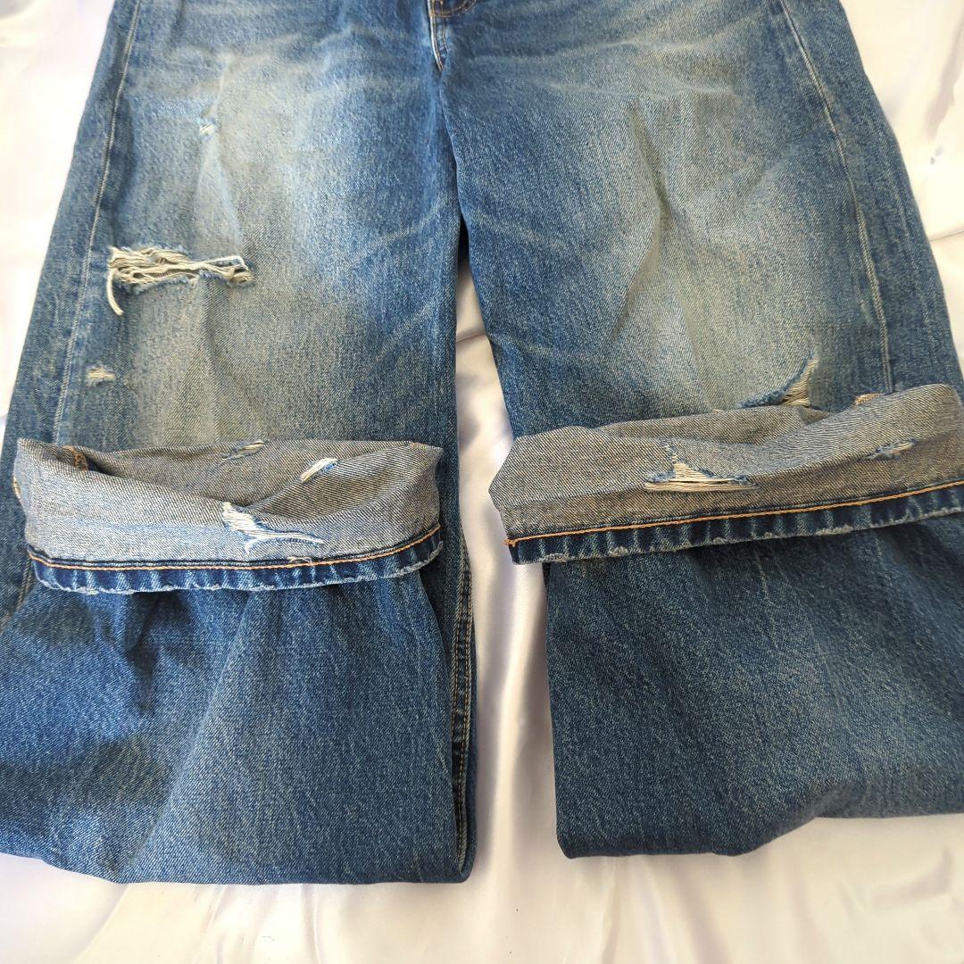 ザラ ZARA TRF折り返しウエストミッドライズデニムパンツ ダメージ XS
