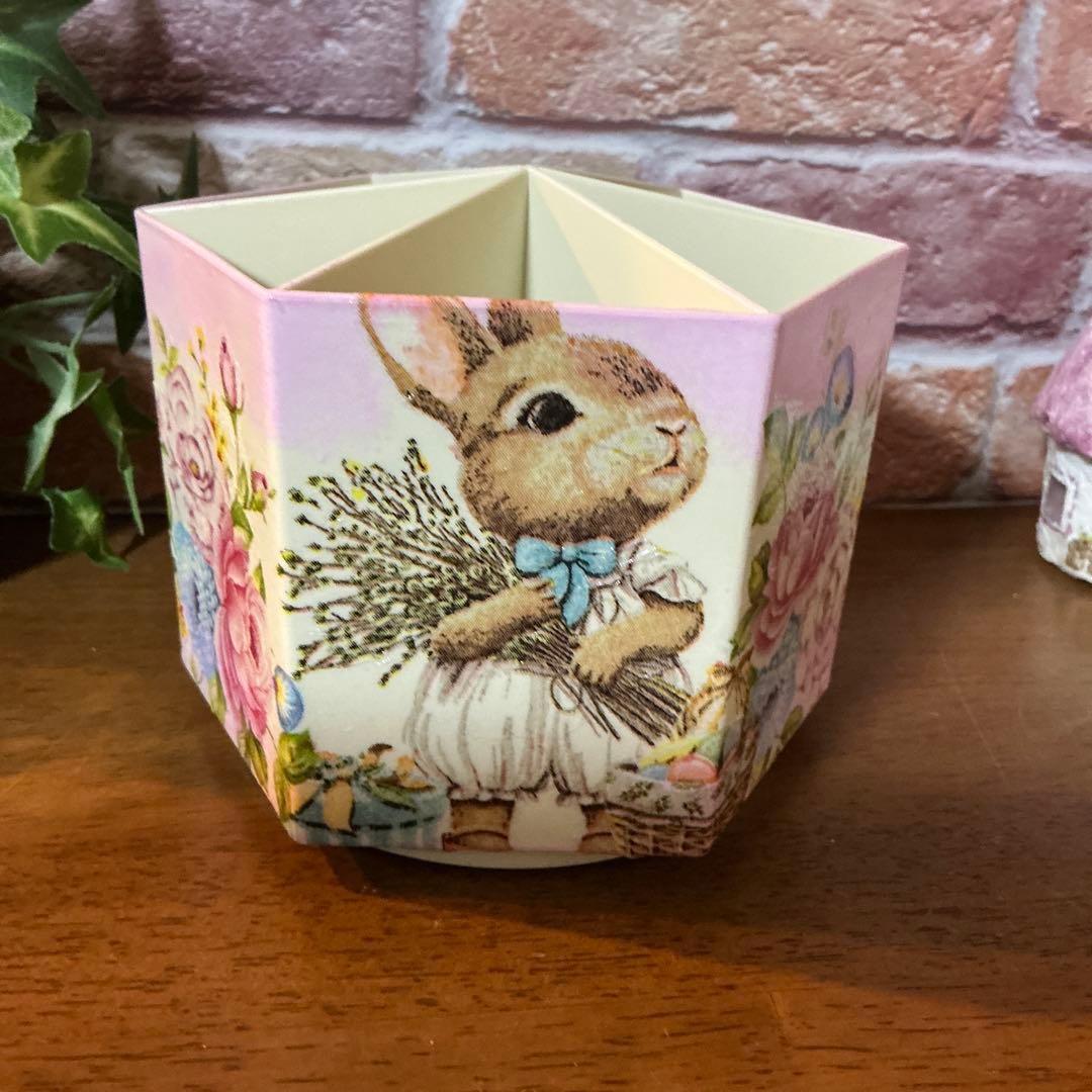 デコパージュ　ハンドメイド　回転式ペン立て　クマちゃん　うさぎちゃん