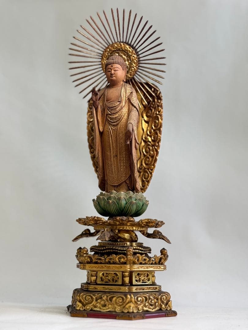 T 仏教美術 木彫金彩手仏像 阿弥陀如来立像 高さ34㎝ 浄土宗 浄土真宗