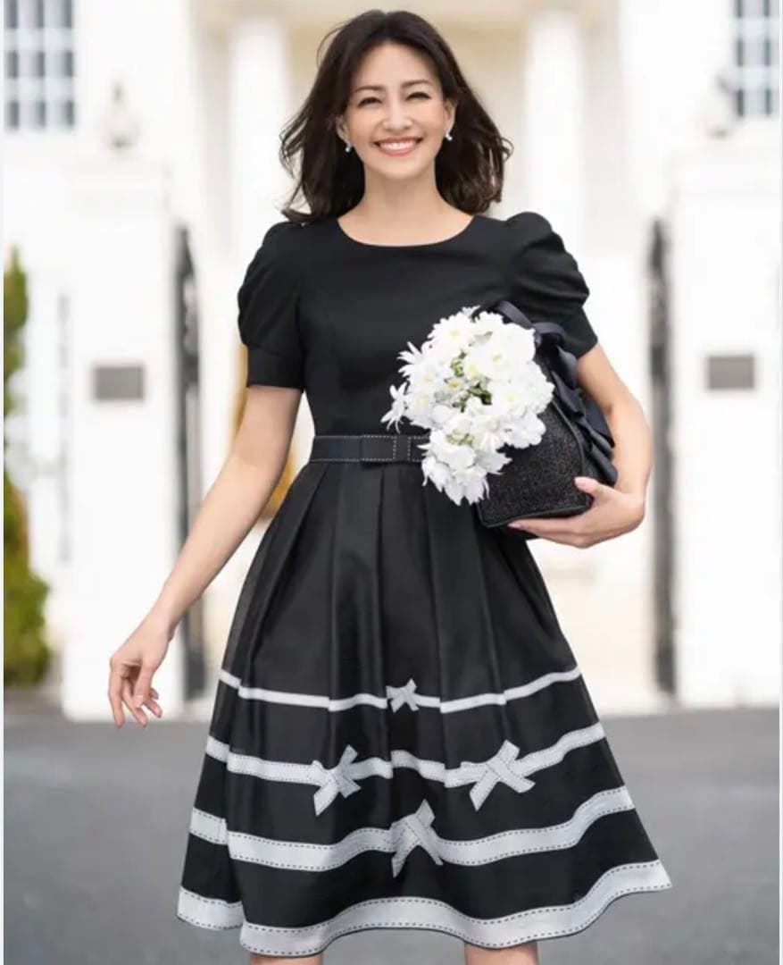 定価4.8万円 M'S GRACY ボーダーリボンプリントワンピース38