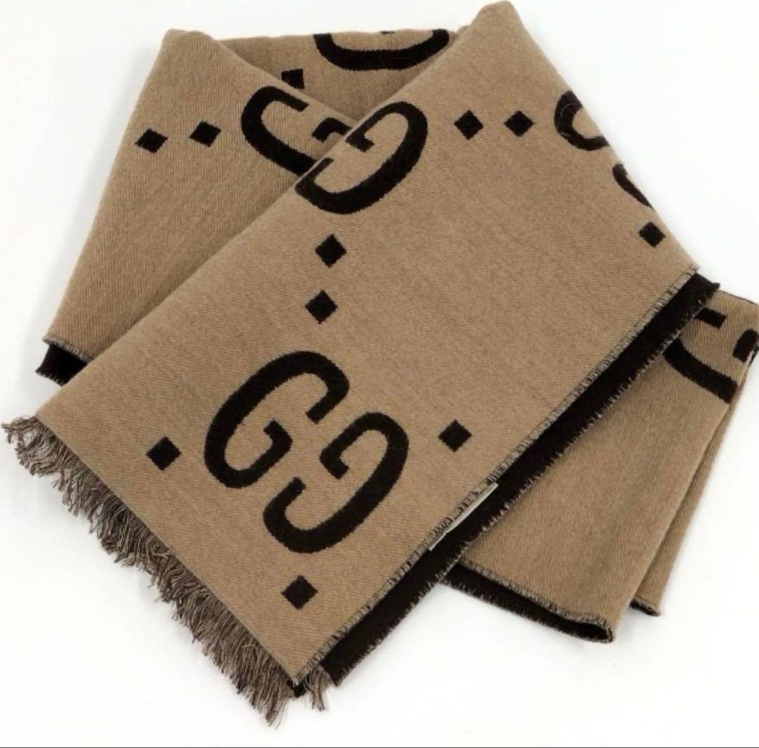 GUCCI グッチ マフラー リバーシブル GG柄 ベージュ×ブラウン