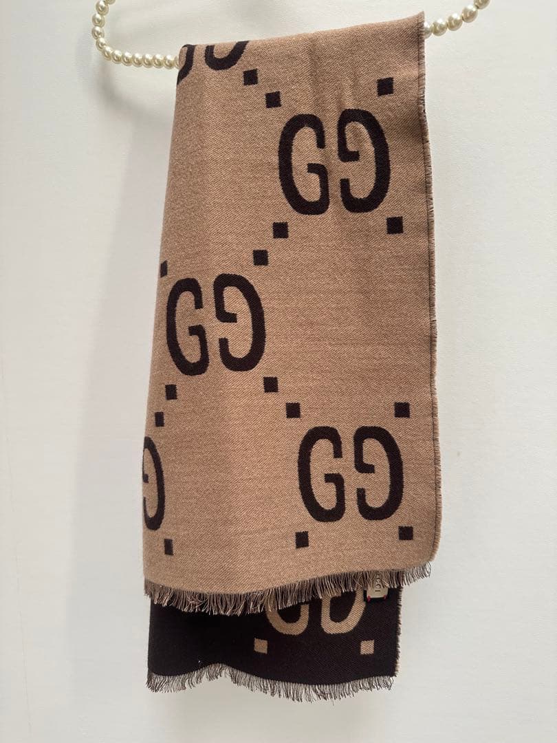 GUCCI グッチ マフラー リバーシブル GG柄 ベージュ×ブラウン