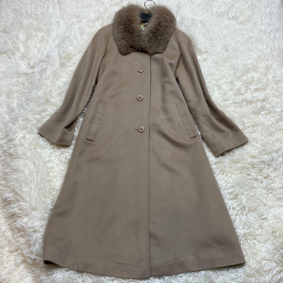 美品カシミヤ100%ロングコートブルーフォックスファー付き2way ベージュL