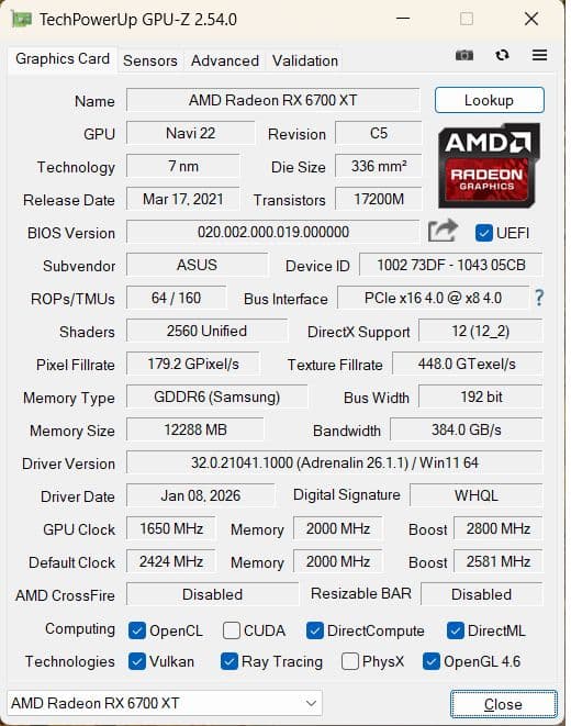 ASUS　Radeon RX6700XT DUAL