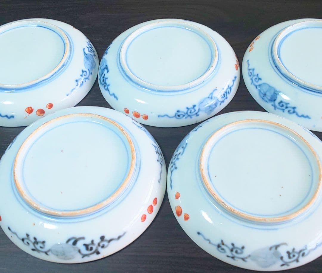 古伊万里 染付 金彩色絵 小皿 江戸後期 陶器皿和風模様 陶器皿5枚セット