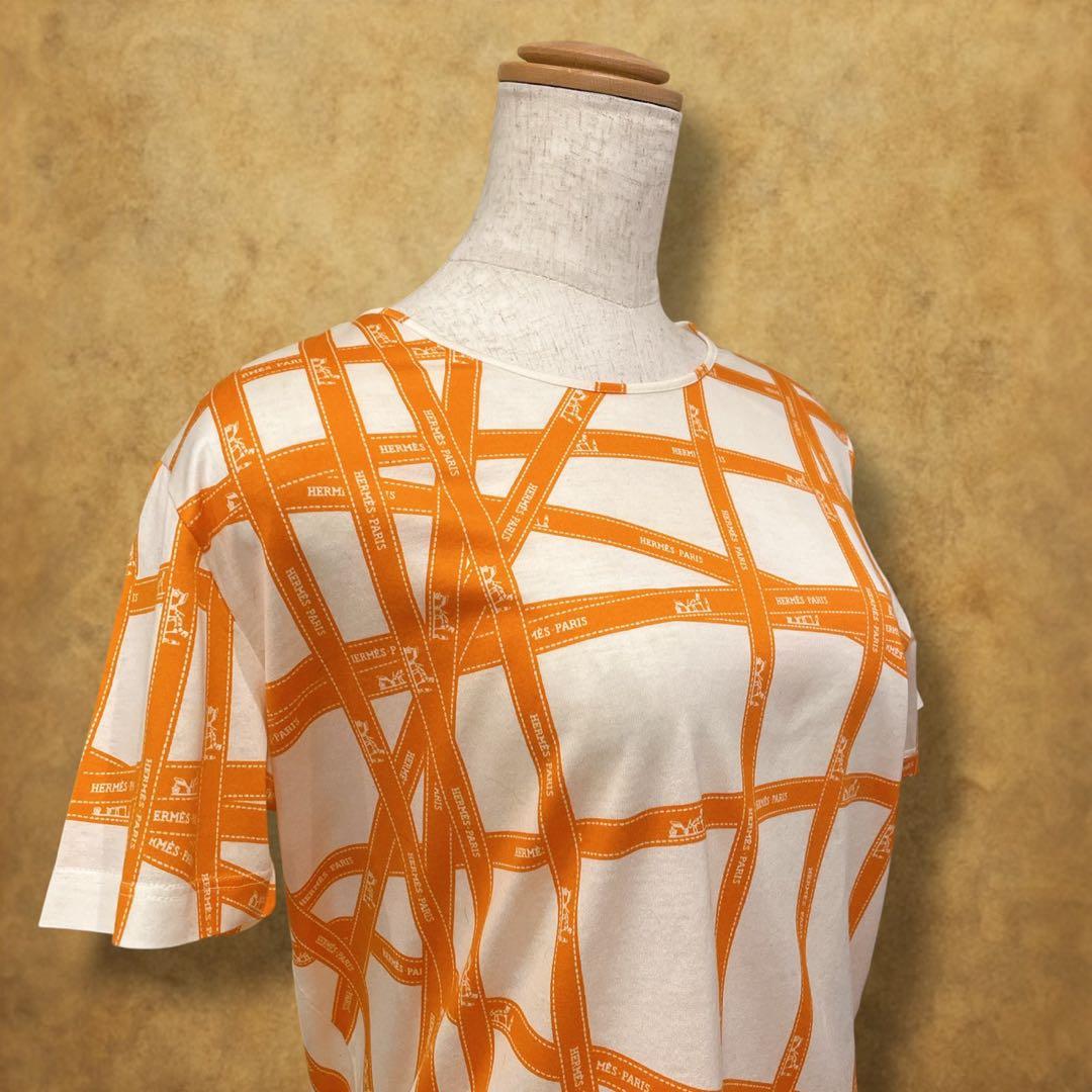 HERMES Tシャツ サイズME ボルデュック リボン柄 オレンジ フランス製
