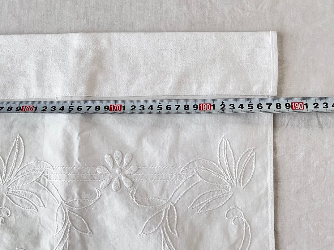 【美品】フランスアンティーク 花模様の手刺繍 フリルカフェカーテン[3376]