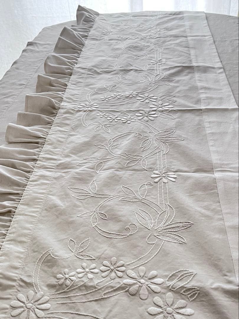 【美品】フランスアンティーク 花模様の手刺繍 フリルカフェカーテン[3376]