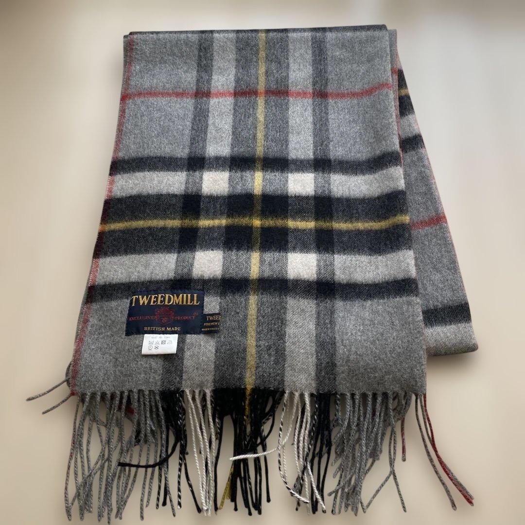 【新品】TWEEDMILL ラムウール 大判ストール グレーチェック柄